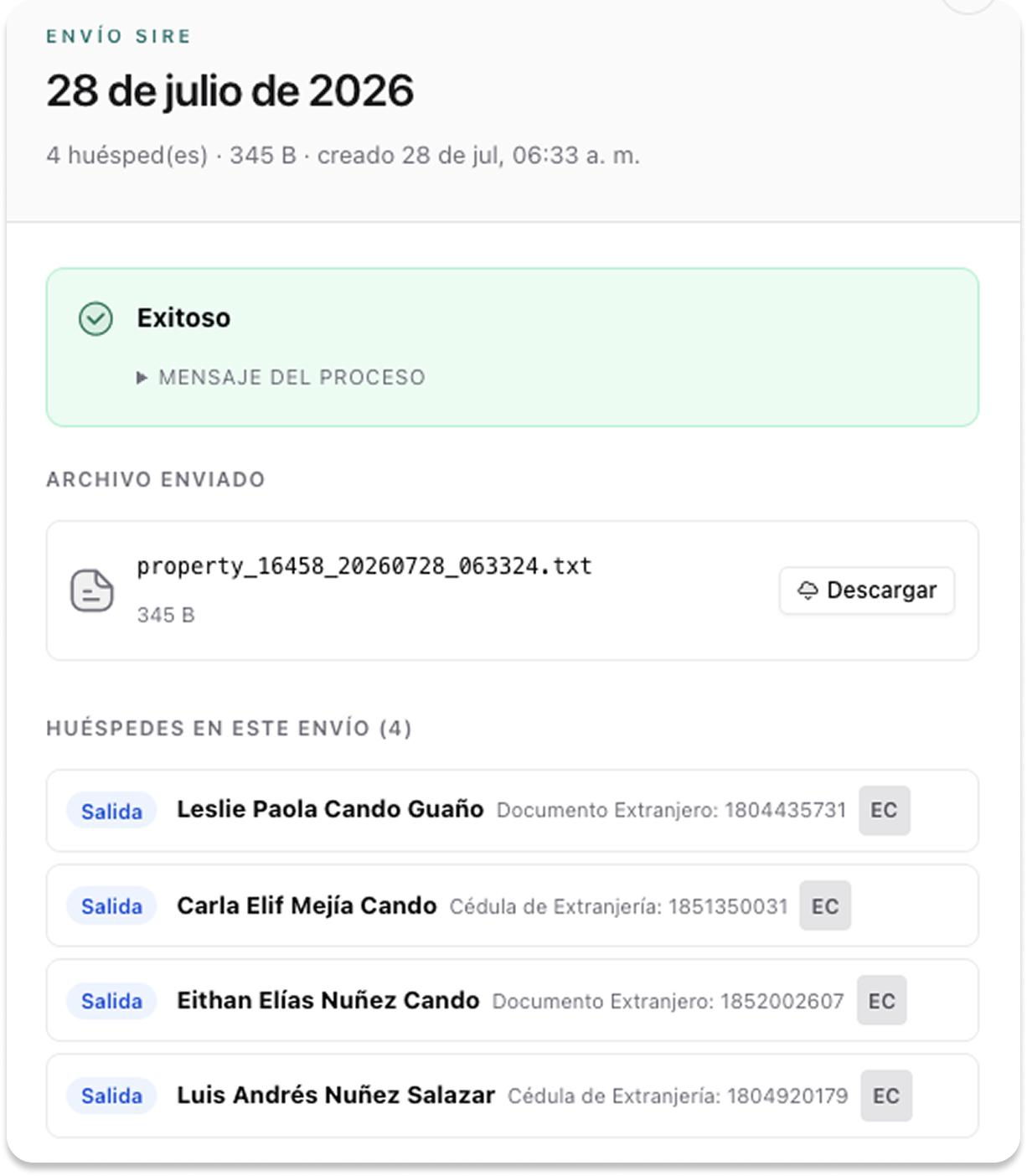 Detalle de un envío SIRE exitoso