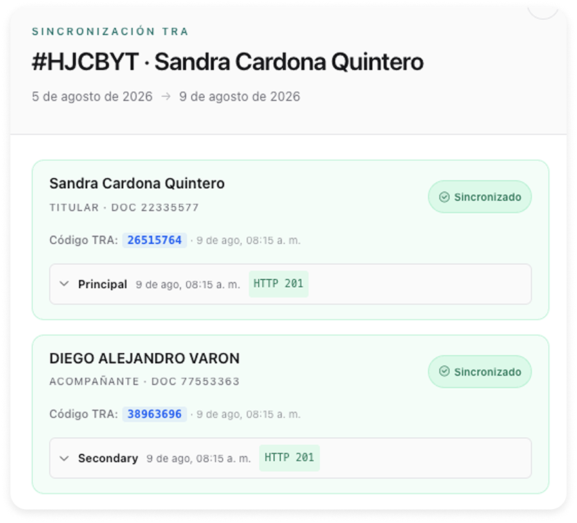 Resultado de una sincronización de huéspedes con TRA